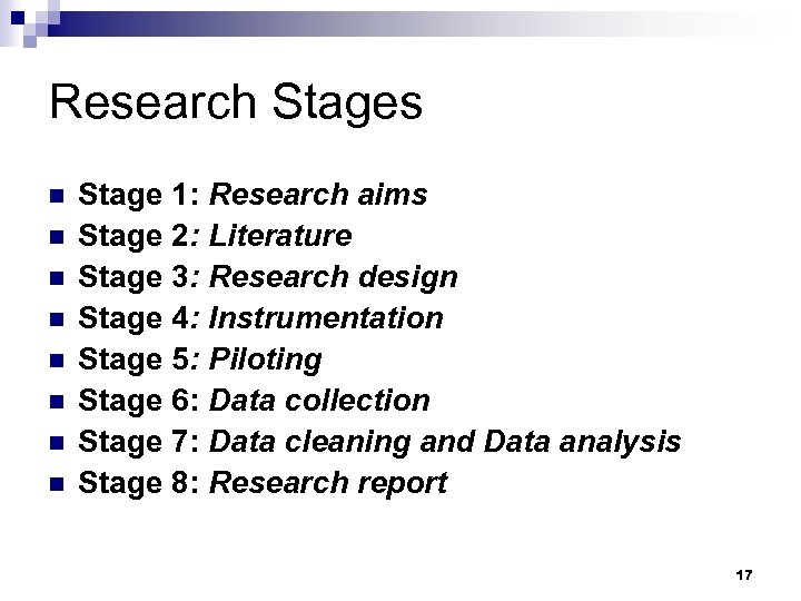 Research Stages n n n n Stage 1: Research aims Stage 2: Literature Stage