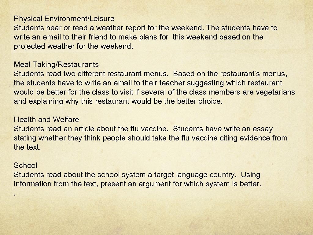 Physical Environment/Leisure Students hear or read a weather report for the weekend. The students