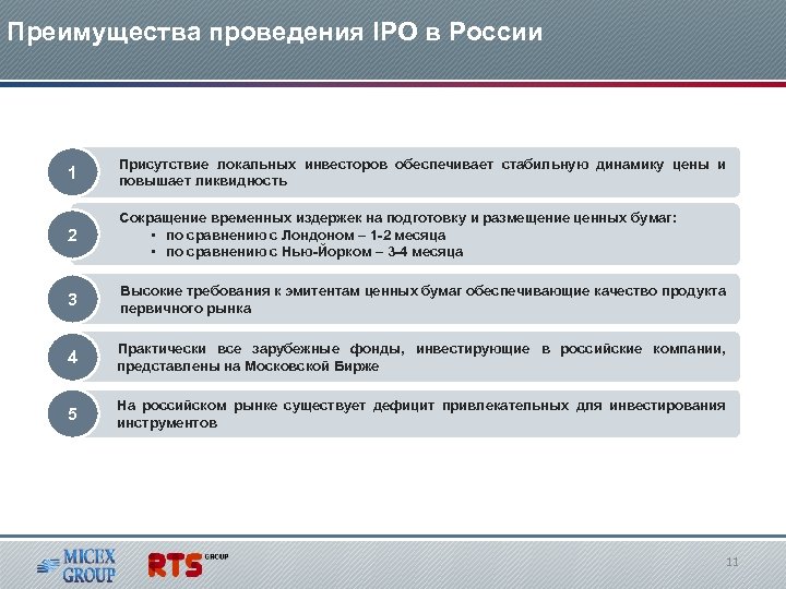 Преимущества проведения IPO в России 1 Присутствие локальных инвесторов обеспечивает стабильную динамику цены и