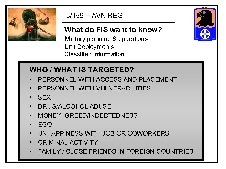 5/159 TH AVN REG What do FIS want to know? Military planning & operations