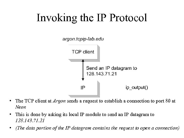 Invoking the IP Protocol ip_output() • The TCP client at Argon sends a request