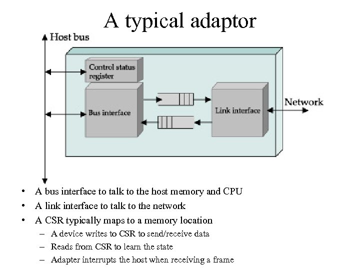 A typical adaptor • A bus interface to talk to the host memory and