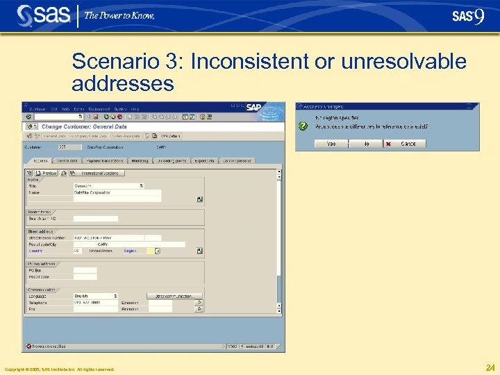 Scenario 3: Inconsistent or unresolvable addresses Copyright © 2005, SAS Institute Inc. All rights