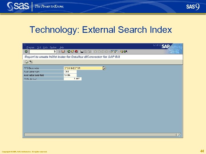 Technology: External Search Index Copyright © 2005, SAS Institute Inc. All rights reserved. 44