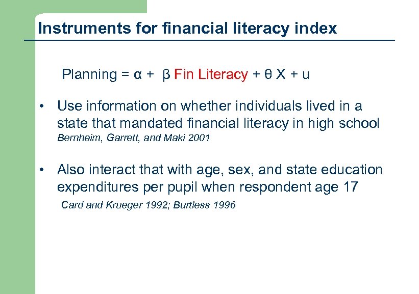 Instruments for financial literacy index Planning = α + β Fin Literacy + θ