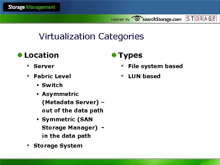 Hosted by Virtualization Categories l Location • Server • Fabric Level § Switch §