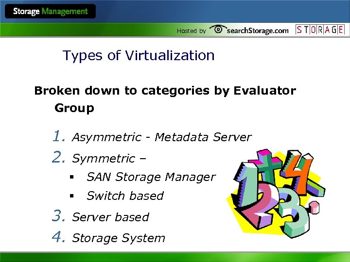 Hosted by Types of Virtualization Broken down to categories by Evaluator Group 1. 2.