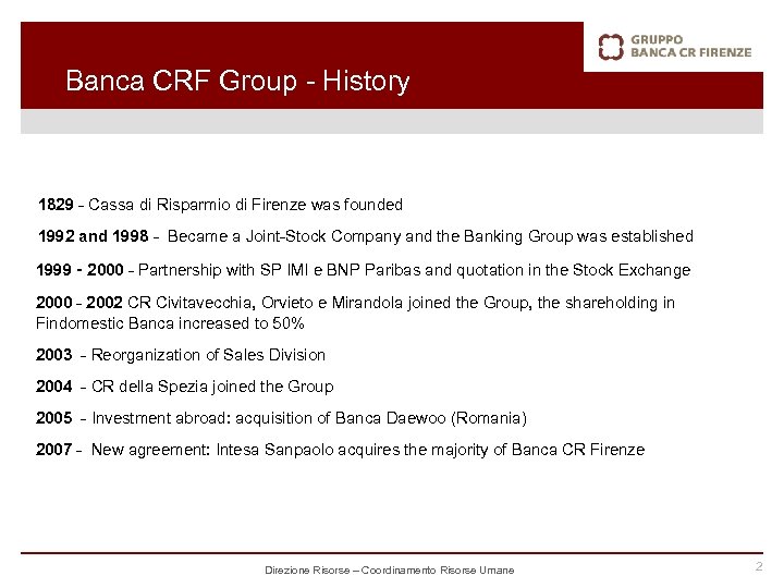 Banca CRF Group - History 1829 - Cassa di Risparmio di Firenze was founded