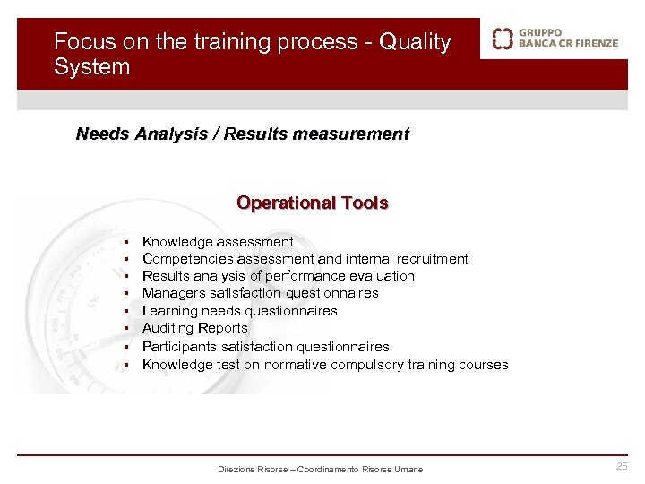 Focus on the training process - Quality System Needs Analysis / Results measurement Operational