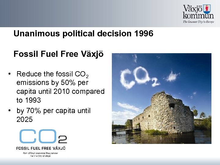 Unanimous political decision 1996 Fossil Fuel Free Växjö • Reduce the fossil CO 2
