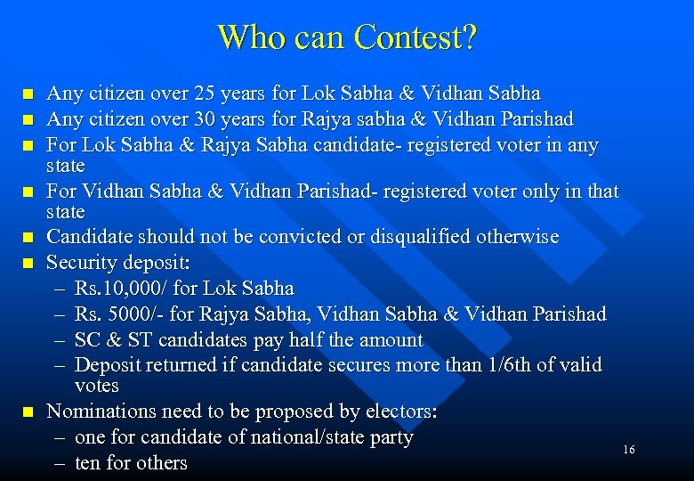Who can Contest? n n n n Any citizen over 25 years for Lok