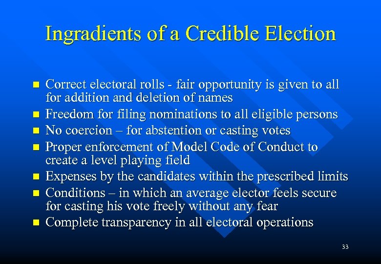 Ingradients of a Credible Election n n n Correct electoral rolls - fair opportunity