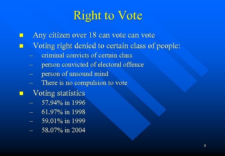 Right to Vote n n Any citizen over 18 can vote Voting right denied