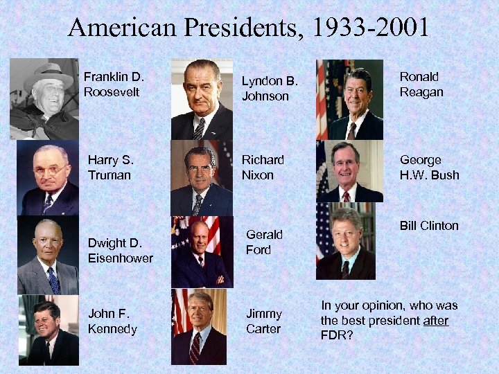 American Presidents, 1933 -2001 Franklin D. Roosevelt Harry S. Truman Dwight D. Eisenhower John