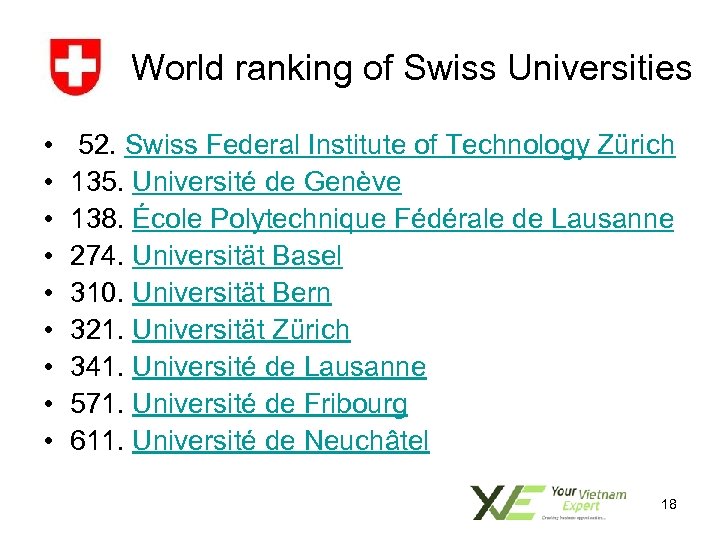 World ranking of Swiss Universities • • • 52. Swiss Federal Institute of Technology