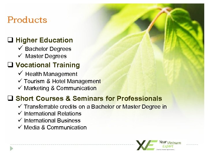 Products q Higher Education ü Bachelor Degrees ü Master Degrees q Vocational Training ü