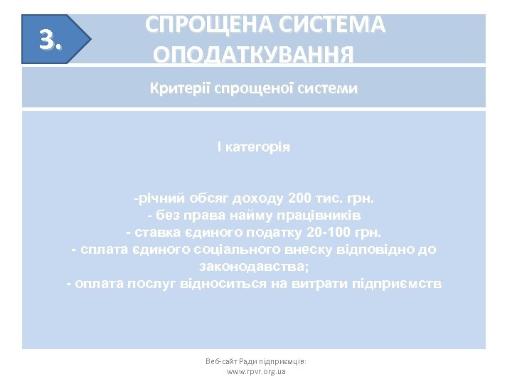3. СПРОЩЕНА СИСТЕМА ОПОДАТКУВАННЯ Критерії спрощеної системи I категорія -річний обсяг доходу 200 тис.