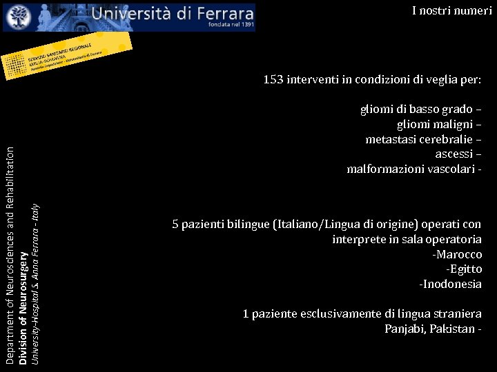 I nostri numeri University-Hospital S. Anna Ferrara - Italy Department of Neurosciences and Rehabilitation