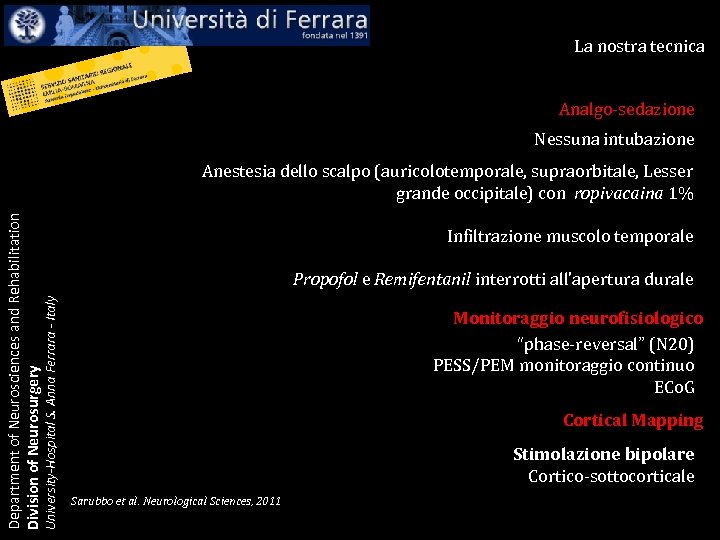 La nostra tecnica Analgo-sedazione Nessuna intubazione University-Hospital S. Anna Ferrara - Italy Department of