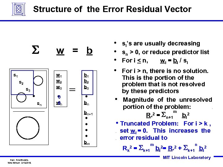 Structure of the Error Residual Vector S s 1 w = b w 1