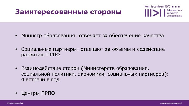 Заинтересованные стороны • Министр образования: отвечает за обеспечение качества • Социальные партнеры: отвечают за