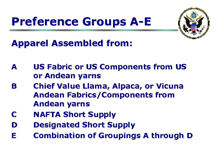 Preference Groups A-E Apparel Assembled from: A B C D E US Fabric or