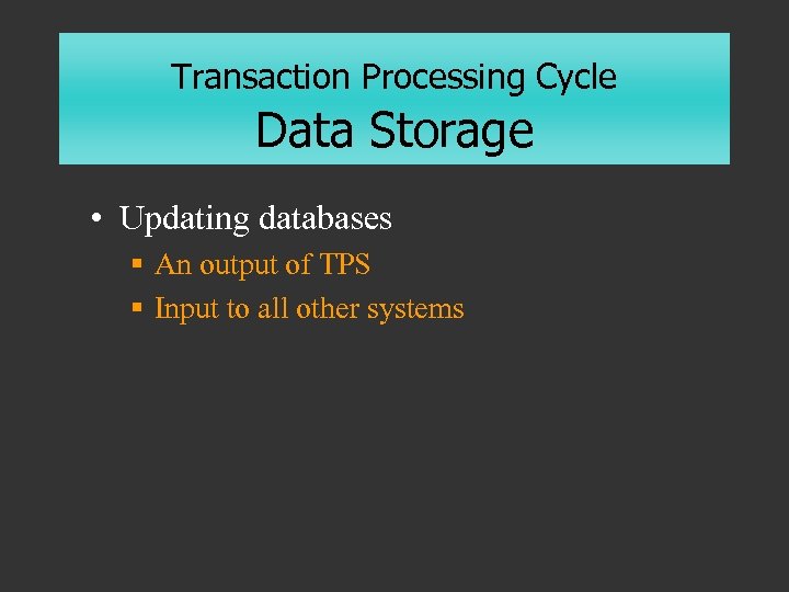 Transaction Processing Cycle Data Storage • Updating databases § An output of TPS §