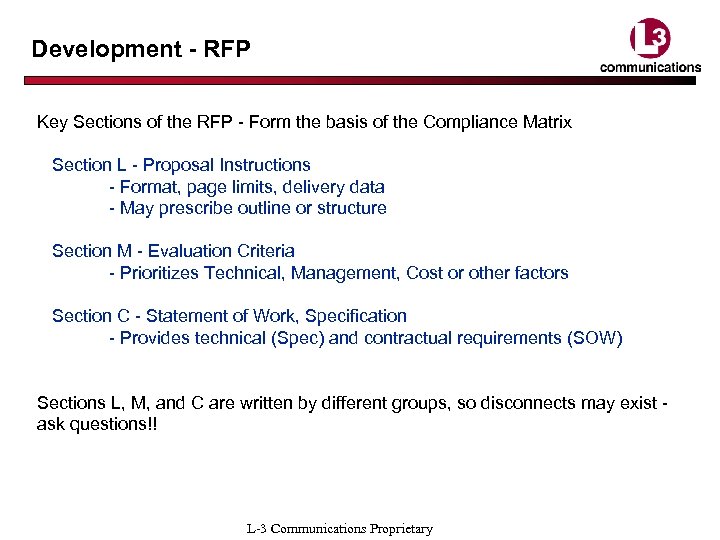 Development - RFP Key Sections of the RFP - Form the basis of the