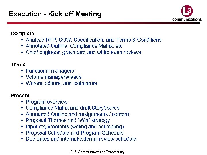 Execution - Kick off Meeting Complete • Analyze RFP, SOW, Specification, and Terms &