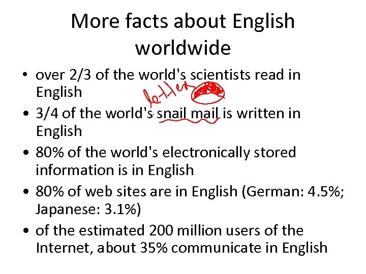 More facts about English worldwide • over 2/3 of the world's scientists read in