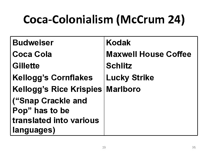 Coca-Colonialism (Mc. Crum 24) Budweiser Coca Cola Gillette Kellogg’s Cornflakes Kellogg’s Rice Krispies (“Snap