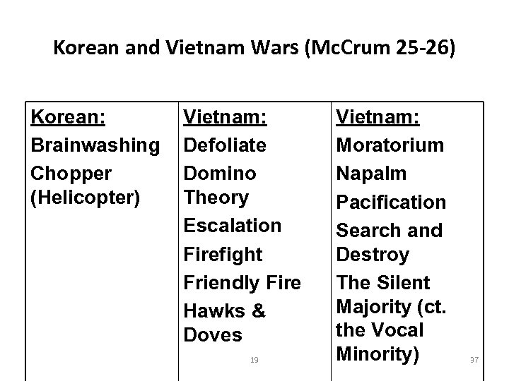 Korean and Vietnam Wars (Mc. Crum 25 -26) Korean: Brainwashing Chopper (Helicopter) Vietnam: Defoliate