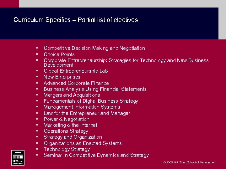 Curriculum Specifics – Partial list of electives § § § § § Competitive Decision