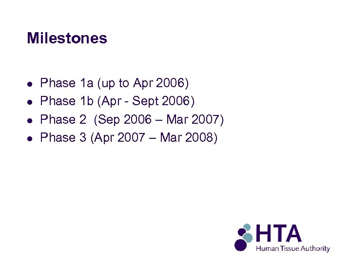 Milestones l l Phase 1 a (up to Apr 2006) Phase 1 b (Apr