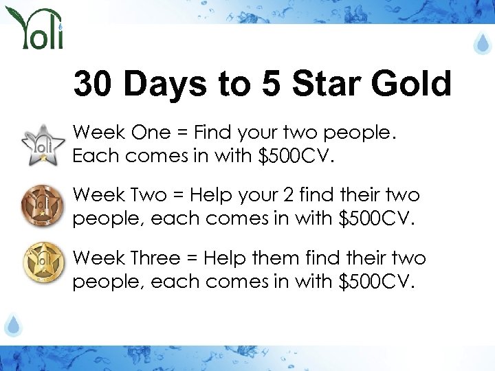 30 Days to 5 Star Gold Week One = Find your two people. Each