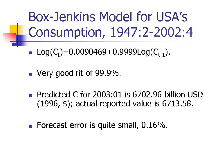 Box-Jenkins Model for USA’s Consumption, 1947: 2 -2002: 4 n Log(Ct)=0. 0090469+0. 9999 Log(Ct-1).
