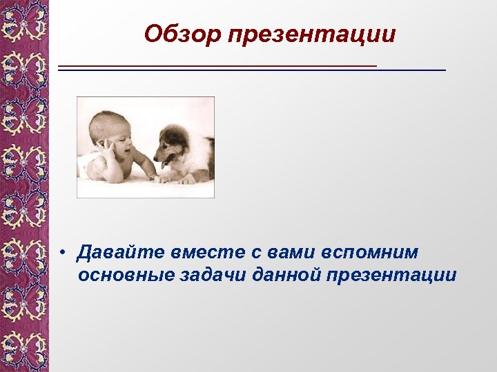 Обзор презентации • Давайте вместе с вами вспомним основные задачи данной презентации 