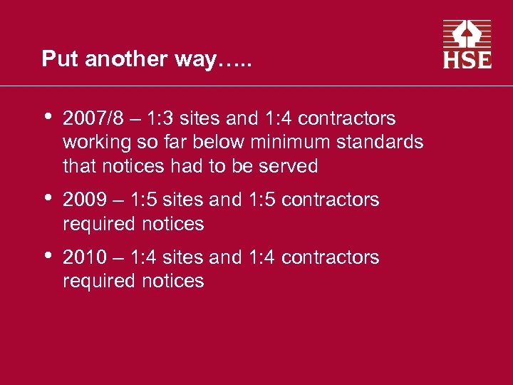 Put another way…. . • 2007/8 – 1: 3 sites and 1: 4 contractors