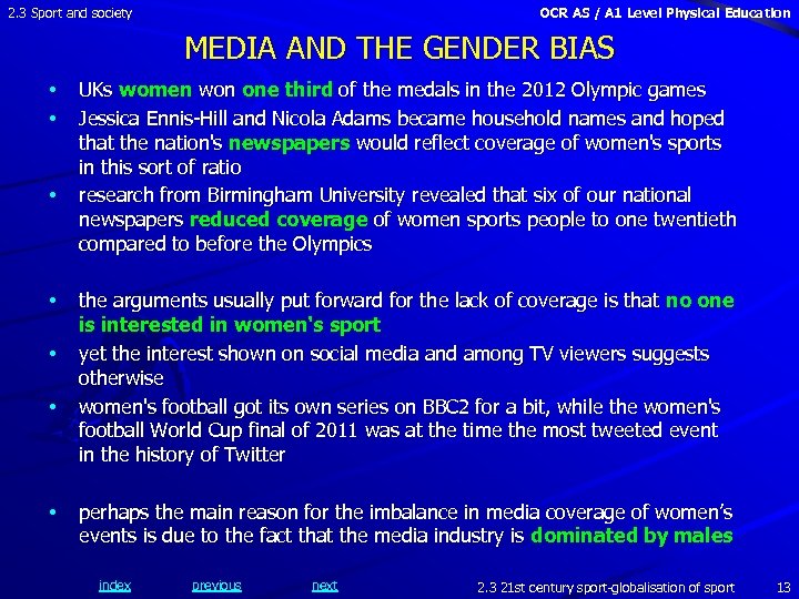 2. 3 Sport and society OCR AS / A 1 Level Physical Education MEDIA