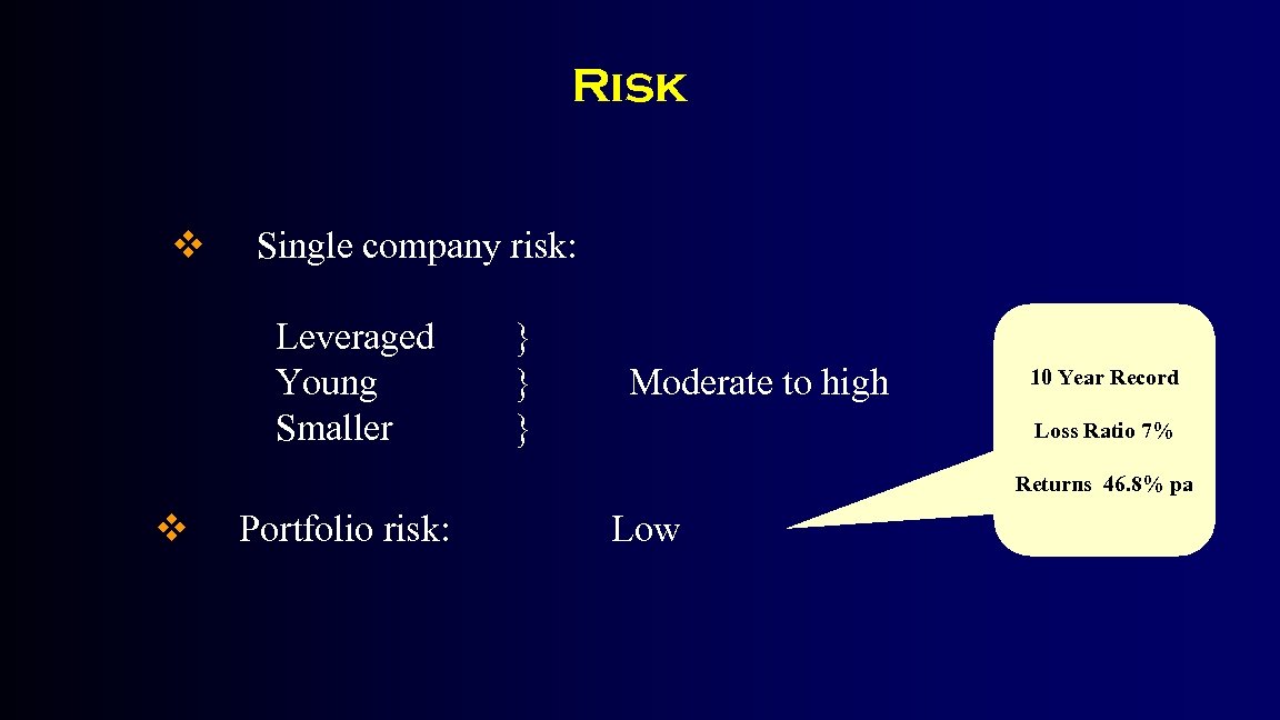 Risk v Single company risk: Leveraged Young Smaller } } } Moderate to high