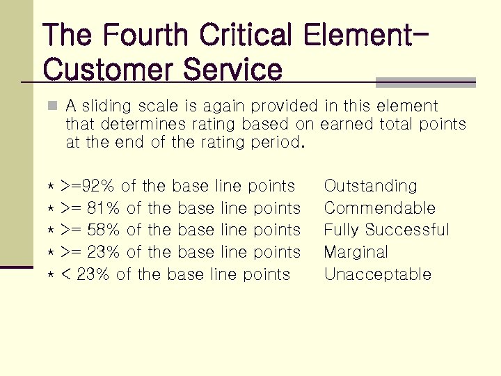 The Fourth Critical Element. Customer Service n A sliding scale is again provided in