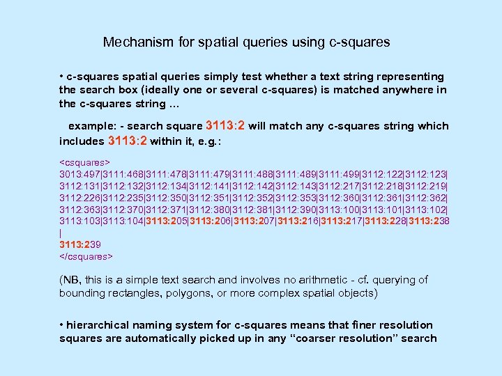 Mechanism for spatial queries using c-squares • c-squares spatial queries simply test whether a