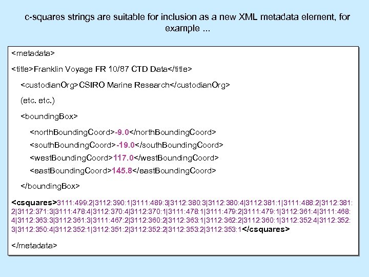 c-squares strings are suitable for inclusion as a new XML metadata element, for example.