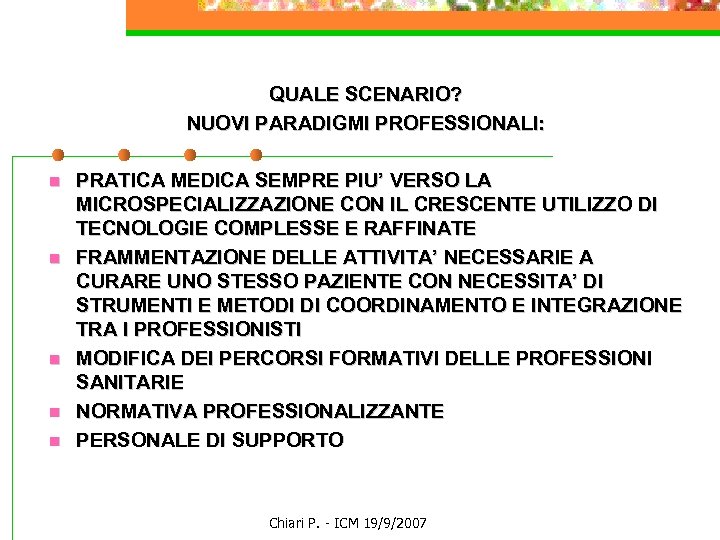 QUALE SCENARIO? NUOVI PARADIGMI PROFESSIONALI: n n n PRATICA MEDICA SEMPRE PIU’ VERSO LA