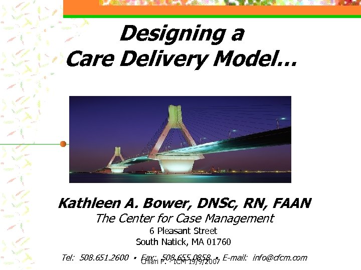 Designing a Care Delivery Model… Kathleen A. Bower, DNSc, RN, FAAN The Center for