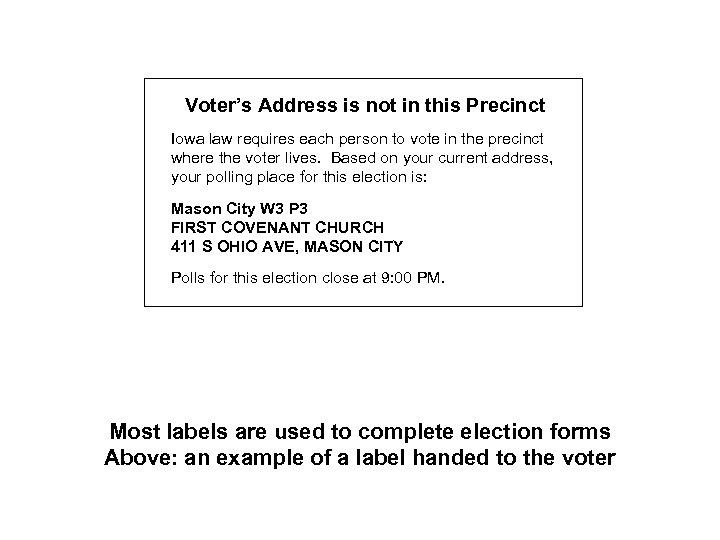 Voter’s Address is not in this Precinct Iowa law requires each person to vote