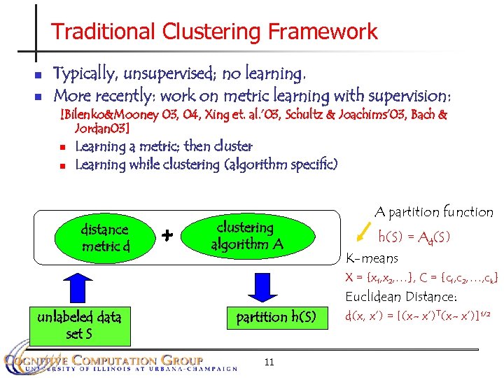 Traditional Clustering Framework n n Typically, unsupervised; no learning. More recently: work on metric