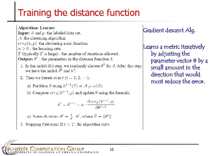Training the distance function Gradient descent Alg. Learns a metric Iteratively by adjusting the