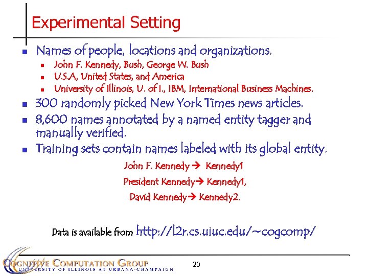 Experimental Setting n Names of people, locations and organizations. n n n John F.