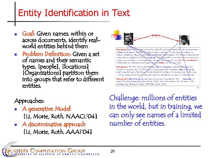Entity Identification in Text n n Goal: Given names, within or across documents, identify